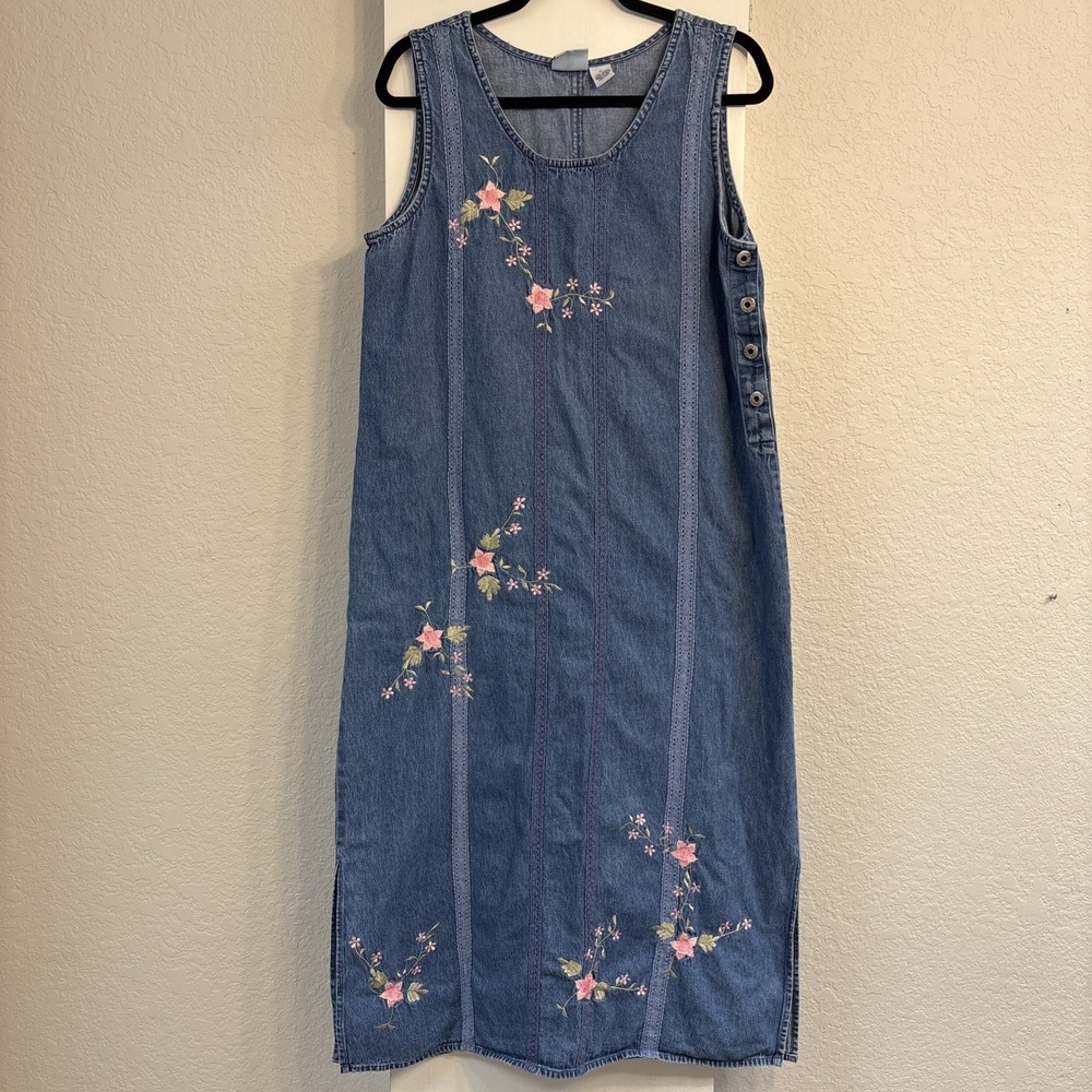 Vtg 90s Carolina Blues Long Sleeveless Denim Jumper Dress Sz 14 Embroidered